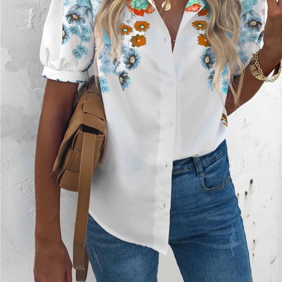 Beautiful Chiffon-like button down blouse- new!! Never worn! Puffy sleeves - Picture 2 of 9